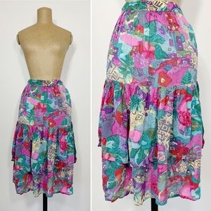 Vintage Vogue India Blue Green Pink Abstract High Waist Layered Midi Skirt Small